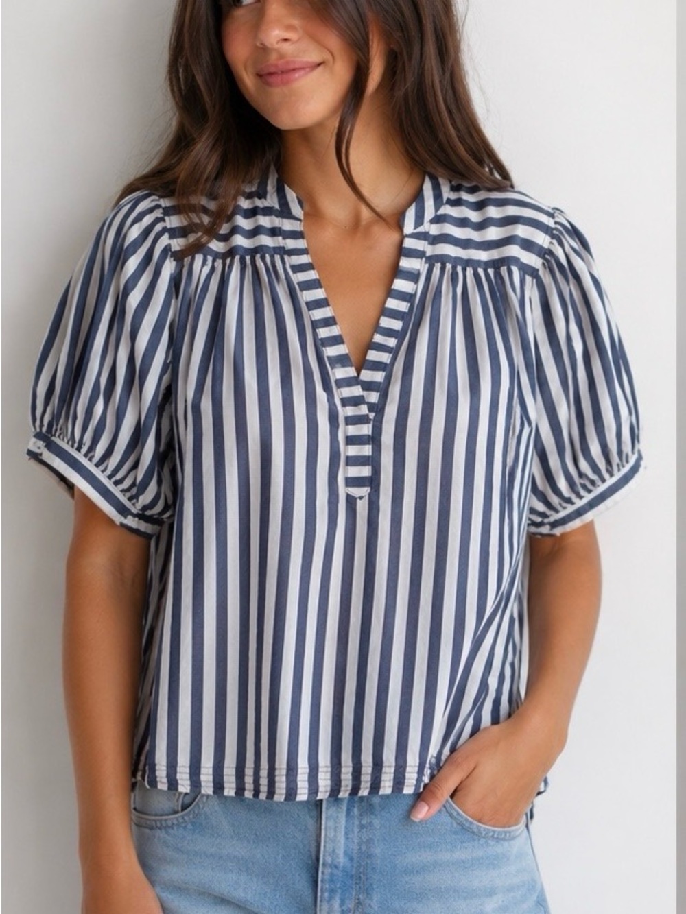 Anthropologie Navy & White Striped V-Neck Puff Sleeve Blouse
